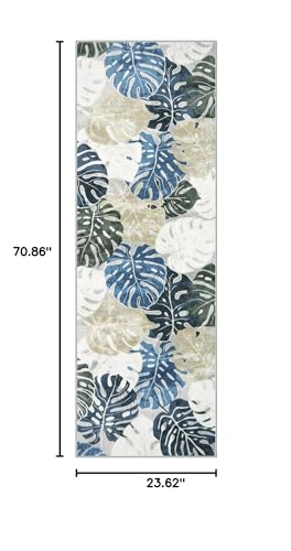 Wonnitar 2x6 Washable Runner Rug, Blue Leaf Kitchen Rug Runner with Rubber Backing, Tropical Coastal Low Pile Entry Carpet Soft Non-Shedding Bedside Mat for Bedroom Entrance Laundry