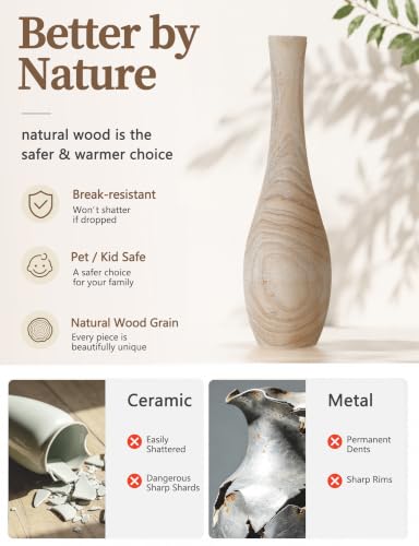 Hanobe Wood Tall Floor Vase: 22 Inch Slender Beige Boho Vase for Pampas Grass - Decorative Large Vases for Farmhouse Living Room Corner Entryway Fireplace Home Decor