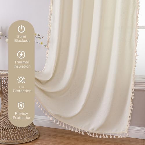 Joydeco Natural Linen Beige Boho Curtains - 84 Inch Length 2 Panels, Super Soft Bohemian Farmhouse Curtains with Tassels, Semi Sheer Light Filtering Drapes for Bedroom & Living Room