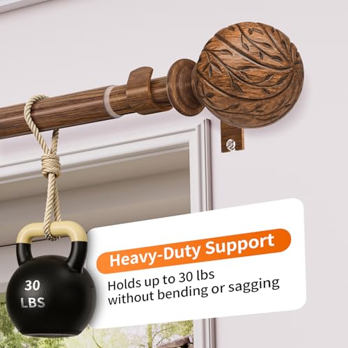 Wood Curtain Rods for Windows 36 to 88 Inch, 1" Adjustable Heavy Duty Boho Drapery Rod Decorative Curtain Rods with Finials Rustic Window Treatment Rods for Kitchen Farmhouse Bedroom Patio