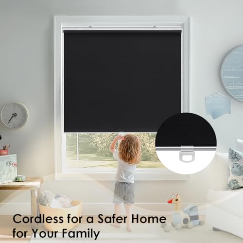 Cordless 100% Blackout Roller Shades for Windows,UV Protection Pull Down Shades,Room Darkening Door Blinds Thermal Insulated Fabric for Home Office and Bedroom(34" W x 72" H,Black)