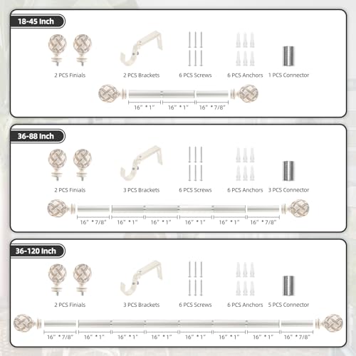 Single Curtain Rod for Windows 28 to 48 Inches(2.3-4ft): 1 inch Diameter Adjustable Curtain Rod, Heavy Duty Curtain Rod with Netted Texture Finials, Size:18-64(weathered white)