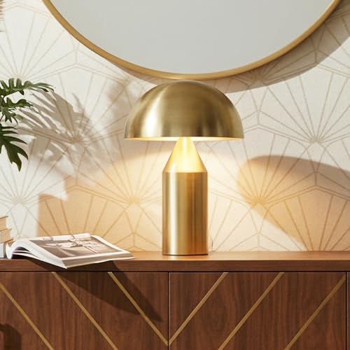 Brightech Venus Mushroom Table Lamp - Modern Lamp for Living Room, Bedroom Side/End Table - Dimmable, Unique Side Table LED Lamp Shade for Office, Reading - Brass/Gold, 14" Tall