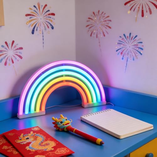 QiaoFei Rainbow Light Signs for Kids Gift LED Rainbow Neon Signs for Wall Decor Bedroom Decorations Home Accessories Party Holiday Battery or USB Operated Table Night Lights