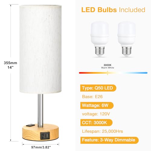 Touch Bedside Table Lamps Set - 3 Way Dimmable Bedroom Lamps Set of 2 with USB C & A Ports, Small Lamps for Nightstand with AC Outlet, Small Desk Lamp for Office, Dorm, Nursery - Dorm Room Essentials