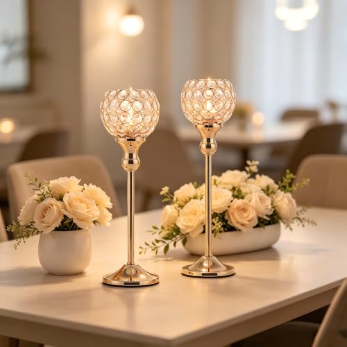 Gold Crystal Candle Holders Set of 2,Oversized Crystal Globe