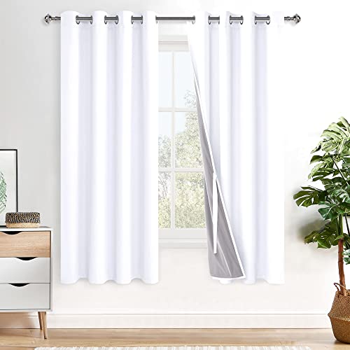 XWZO 100% Blackout Curtains 63 Inches Length with Tiebacks- Full Shade Window Drapes Thermal Insulated Double Layer with Black Liner for Bedroom/Living Room, Grommet Top, White, W52 x L63, Set of 2