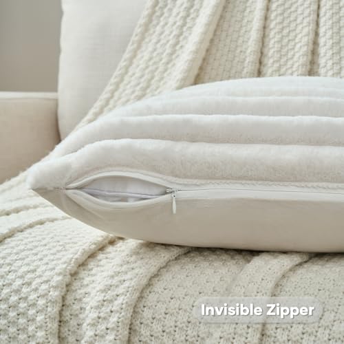 FUTEI Pack of 2 Fluffy Faux Fur Throw Pillow Covers 18x18 Inch Elegant Striped Textured Decorative Cushion Cases Modern Accent Pillow for Couch Bed Living Room, Cream White