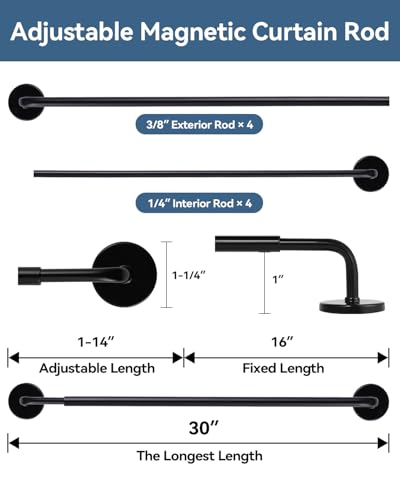 4 Pack Magnetic Curtain Rod for Metal Doors, French Door Curtain Rods Adjustable from 17 to 30 Inch, 3/8 Inch Diameter, Magnetic Cafe Curtains Rod, No Tool and Easy Installation, Black
