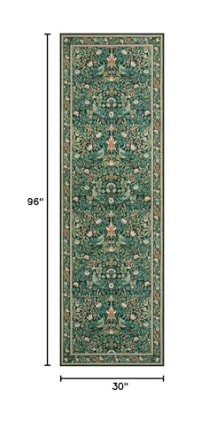 Kitchen Runner Rugs Washable, Boho Floral Hallway Runner Rug 8ft, Botanical Birds Indoor Floor Carpet for Entryway Laundry Bedroom Bedside, Dark Green