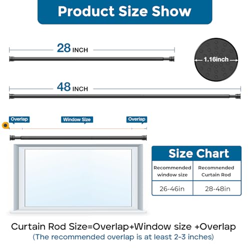 AIZESI Curtain Rods No Drilling for Windows 28 to 48 Inches,1/2 Inch Diameter No Drill Curtains Rod Renter Friendly Drapery Rod, Curtain Rods for Windows No Drilling, Black 1Pack