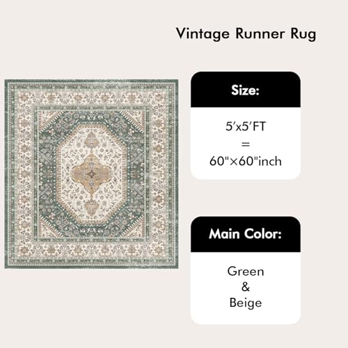 5x5 Square Washable Area Rug - Non-Slip Living Room Rugs Green Beige