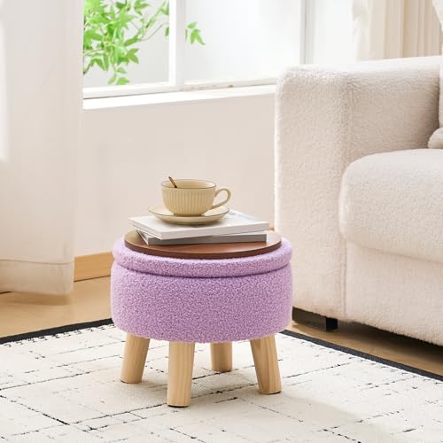 Wimarsbon Round Storage Ottoman,Footstool with Padded Seat and Wood Legs