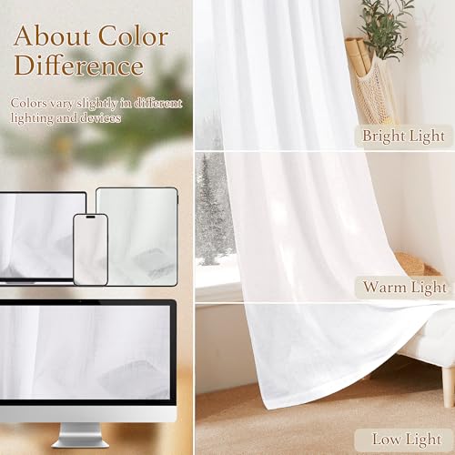 RYB HOME White Semi Sheer Curtains 84 inches Long - Living Room Curtains for Half Privacy, Linen Textured Sheer Light Filtering Vertical Window Drapes for Bedroom Dining, Width 52 inch, 2 Panels