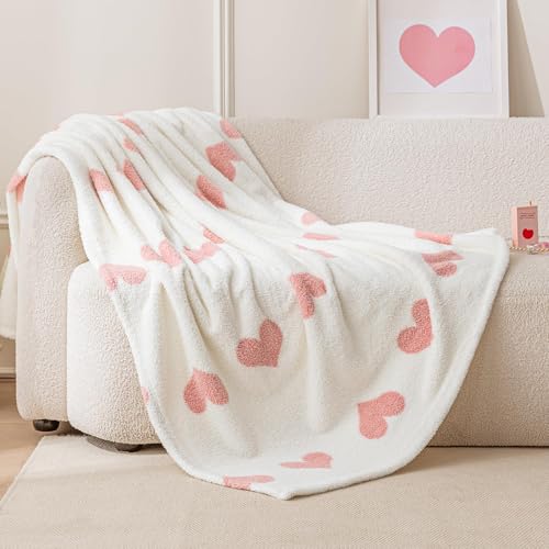 Amazon Basics Fleece Throw Blanket, Reversible Decorative Hearted Pattern for the Bed, Couch and Sofa, 50" W × 60" L, Pink Heart