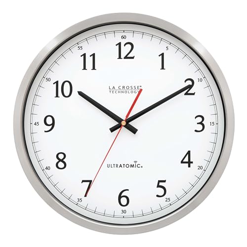 La Crosse Technology 404-1235UA-PL UltrAtomic 14 inch Stainless Steel Wall Clock, Shatterproof Lens, Silver