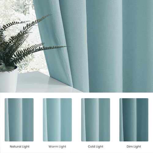 Melodieux 100% Blackout Curtains for Bedroom, Linen Textured Light Blue Black Out Curtains 84 Inch Long, Grommet Top Thermal Insulated Window Drapes for Living Room, 52" W x 84" L, 2 Panels