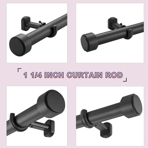 Heavy Duty Curtain Rods,1 1/4" Large Diameter Premium Nonadjustable Curtain Rod,84in/7ft Custom Window Treatment Rods with Durable Aluminum Brackets and End Caps,Black Finish