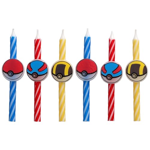 Pokémon Birthday Cake Candles | 6 Birthday Candles for Cake Decorations, Red, Blue, Yellow Striped Candles, Poké Ball Cake Toppers for Pokémon Party