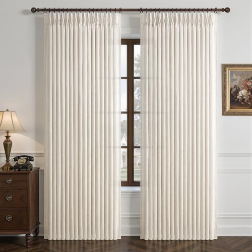 Pinch Pleated Linen 50 Inch Wide Curtains 96 Inches Long for Living Room, Memory Trained Pleat Boho Semi Sheer Birch Light Filtering Privacy Drapes 50x96 Inch Length 2 Panels Set Curtain Cream Ivory