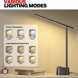 Honeywell Sunturalux™ LED Desk Lamp with USB Charging Ports HWT-H01 - Stepless Dimmable Eye Caring Desk Light for Home Office Bedroom Bedside College Dorm, Foldable Table Lamp Reading Lamp Black