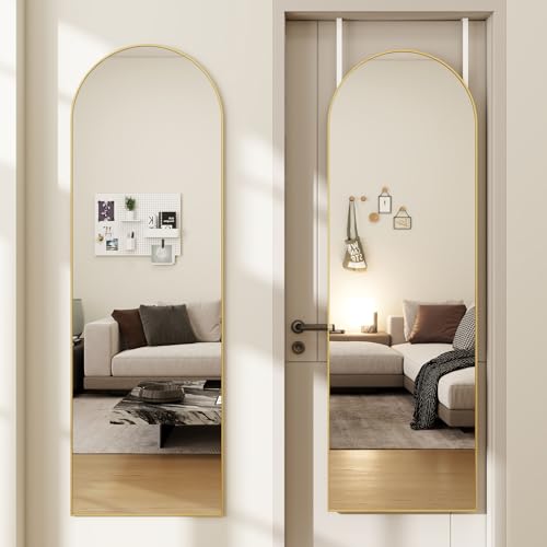 Arched Full Length Door Mirror 14x48, Metal Frame with Protective Film, No-Drilling Hanging or Wall Mount, Hooks & Hardware Included, Full Body Mirror for Bedroom, Dorm, Gold