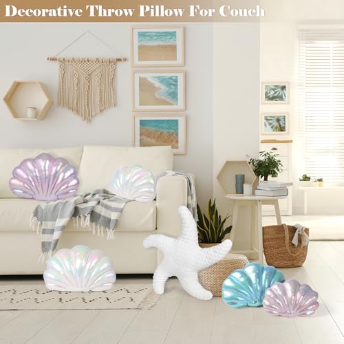 Marble Empire Seashell Pillow - Holographic Iridescent Foil Fabric Throw Pillow for Couch, Coastal Beach Theme Decor, Ocean Themed Bedroom Living Room Accent Pillow（Pearl White,18×13''）