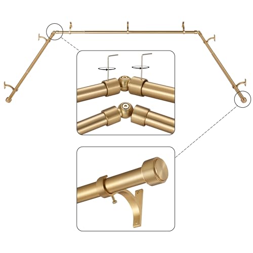 Warm Gold Bay Window Curtain Rods with Aluminum End Cap Finials and Brackets,Adjustable 36-72 Inch Center Rod for windows (24-68’’), 20-36 Inch Side Rods for windows (16-32’’),1 Inch Diameter