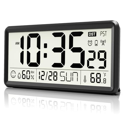 EASYERA 15'' Large Digital Wall Clock Battery Operated, Atomic Clock with Indoor Temperature and Humidity, Self-Setting with Auto DST, for Kitchen, Classroom, Living Room (Batteries Not Included)