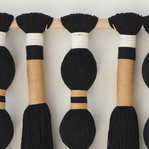 Flber Macrame Wall Hanging Black Sphericity Cotton Tassels Textile Hanging Geometric Yarn Wall Art for Bedroom Living Room Decor 15.7" W x 39" L