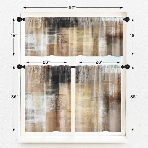 Brown Kitchen Window Curtains Valance and Tier Set 36 Inch, Grey Beige Modern Rod Pocket Short Tier Curtain, Abstract Art Small Cafe Drapes for Kitchen Decor