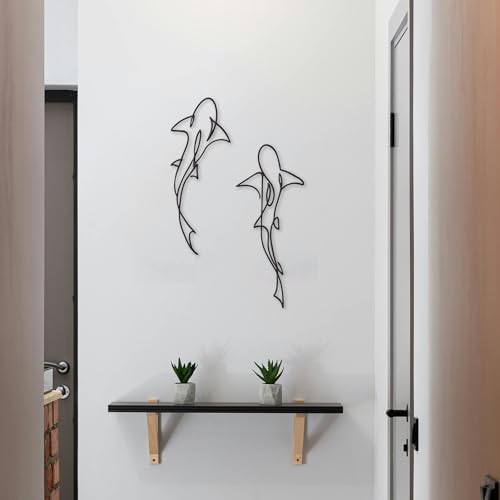 Xedatric Metal Fish Wall Decor - Nautical Shark Room Art, Abstract Line Shark Design for Coastal-Themed Interiors(set of 2,Black)