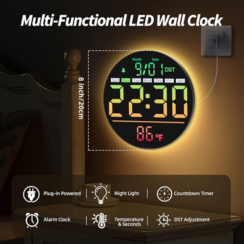 Maxstar Led Digital Wall Clock with Timer, Seconds, Temperature, Date, DST, Nightlight, RGB Color, Alarm Clock, 5-Level Display Brightness, Digital Clock Timer for Classroom, Bedroom, Garage, Gym