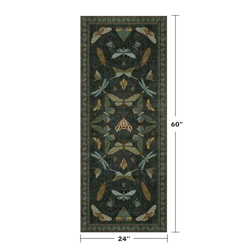 Hazo Haus Dark Green Insect 2x5 Bathroom Runner Rug - Washable Non Slip Runners for Kitchen, Laundry Room, Front Door Mat Entrance, Nature Floral Indoor Floor Décor, Thin Low Pile with Rubber Backed