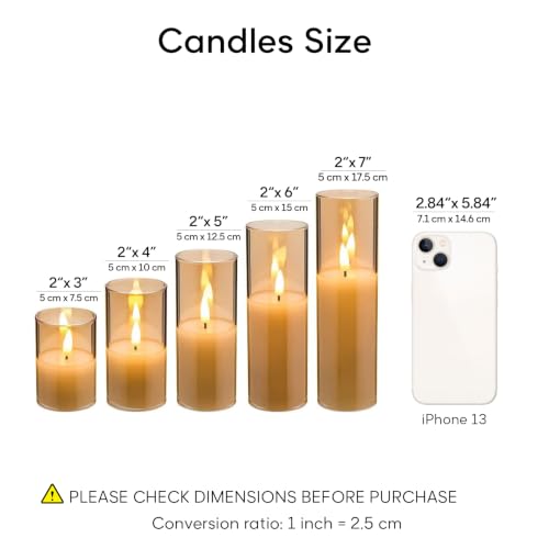Amber Gold Glass Flameless Pillar Candles with Remote Set of 5