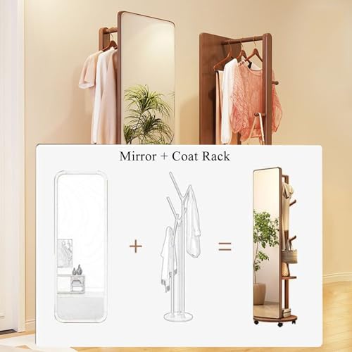 360° Rotatable Full Length Mirror with Coat Rack - White Wooden Floor Mirror for Living Room, Bedroom & Cloakroom - 2-in-1 Standing Mirror and Coat Stand