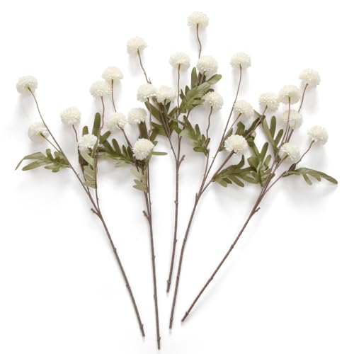 Laelfe Artificial Kiku Flower White - 5 Pcs Fake Pompon Mums Silk Small Chrysanthemum Faux Ball Fall Flower Stem Decor for Autumn Wedding Filler DIY Bouquet Centerpieces Arrangements Shower
