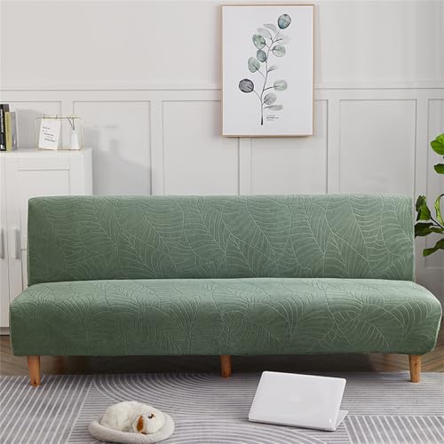 Armless Futon Cover Full Size, Waterproof Futon Couch Slipcovers, Stretch Jacquard Sofa Bed Cover, Furniture Protector with Elastic Bottom (Green 1,Medium(62-75in))