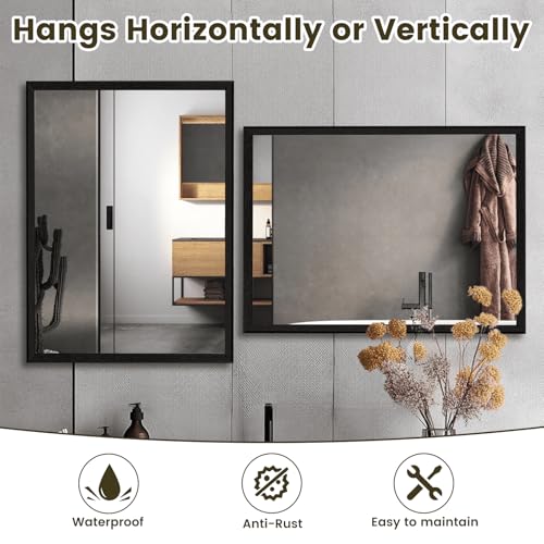 WEER Black Framed Mirror for Bathroom, 40x30 Inch Framed Bathroom Mirror, Rectangular Wall Mounted Mirror, Matte Black Vanity Mirrors, Tempered Glass, Vertically or Horizontally, Anti-Rust