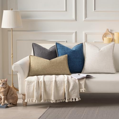 decorUhome Fall Decorative Throw Pillow Covers 18x18 Set of 2 Square Faux Linen Outdoor Neutral Farmhouse Pillow Covers with Stitched Edge for Couch Sofa Living Room, Beige