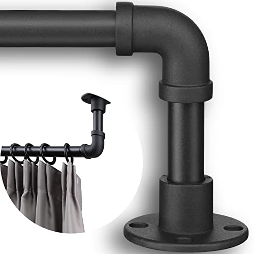Rustic Curtain Rod - Adjustable Room Divider Rod for Windows 28 to 48 inch - 1 Inch Black Industrial Outdoor Wrap Around Curtain Rods for Patio