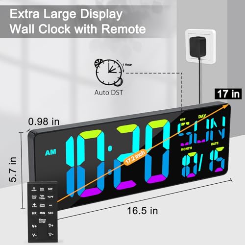 XREXS Large Digital Wall Clock with Remote Control, 17 Inch LED Large Display Count Up & Down Timer, Adjustable Brightness RGB Color Changing Clock Alarm Clock for Home, Gym, Office and Classroom