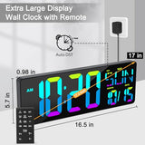 XREXS Large Digital Wall Clock with Remote Control, 17 Inch LED Large Display Count Up & Down Timer, Adjustable Brightness RGB Color Changing Clock Alarm Clock for Home, Gym, Office and Classroom
