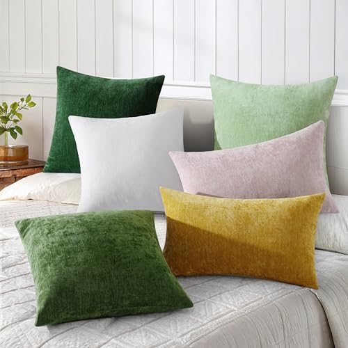 decorUhome Chenille Moss Green Throw Pillow Covers 18x18 Inch Set of 2, Decorative Soft Couch Pillow Covers Solid Dyed Accent Farmhouse Neutral Square Pillow Cases for Sofa