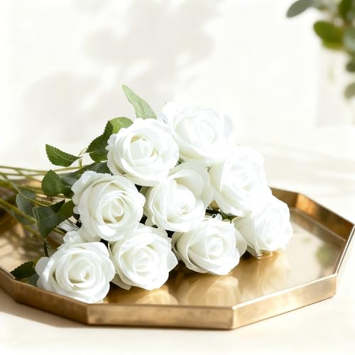 50Pcs White Roses Artificial Flowers with Stems，Fake Roses Bouquet Fake Flowers Bulk，Silk Velvet Roses for Wedding Centerpieces Arrangement Baby Shower Birthday Home Decor Gifts