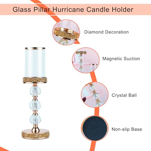 Hurricane Glass Candle Holders, Gold Pillar Candle Holders for Pillar Candle, Magnetic Glass Cover, Crystal Candlesticks Holder for Dining Coffee Table, Wedding,Events,Parties, Home Decor