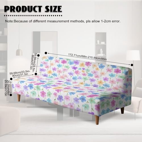 Colorful Cherry Blossom Print Armless Futon Sofa Cover, Anti Scratch Furniture Protector Breathable Folding Sofa Bed Slipcover with Stretch Bottom for Kids and Pets