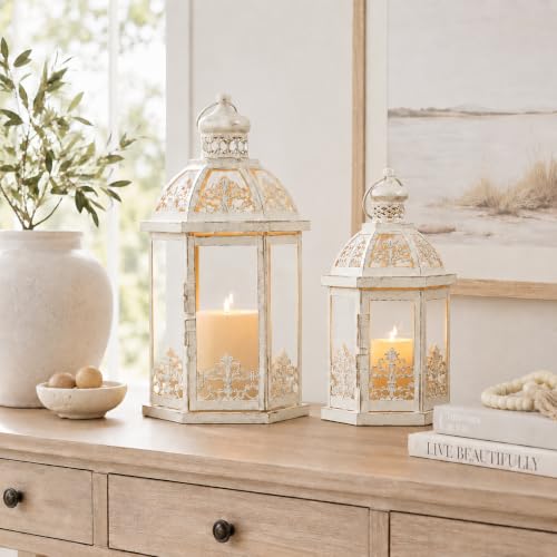 Lanterns Decorative Outdoor&Indoor, Set of 2 (15"&11") Beige Metal Lantern Decor with Glass, Candle Holder for Porch, Patio, Garden, Fall, Wedding, Christmas, Table Centerpiece