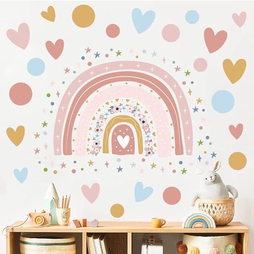 Supzone Rainbow Flower Wall Stickers - Boho Rainbow Wall Decal with Colorful Dots, Hearts, Stars for Girls Baby Nursery Bedroom Playroom DIY Vinyl Mural Art