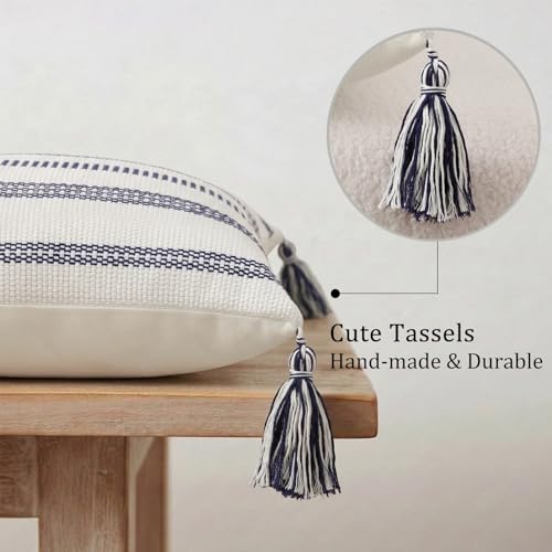 Smile Bee Spring Boho Outdoor Throw Pillow Covers Set of 2, Decorative Woven Striped Pillow Covers with Tassels for Couch Bed Sofa, 18x18 Inch, Navy Blue and Cream White